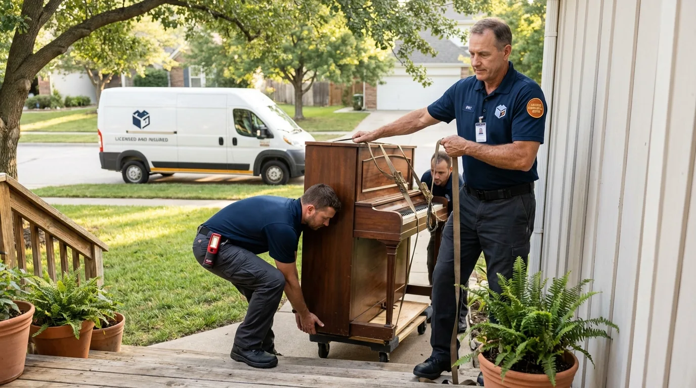 Licensed piano movers securing grand piano in Bridgeport, IL