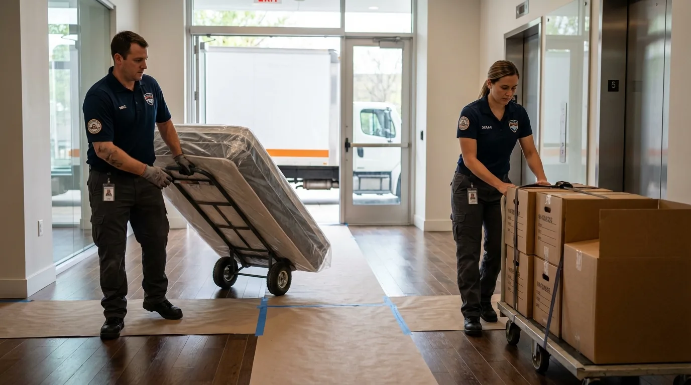 Professional apartment movers loading elevator in Bridgeport, IL